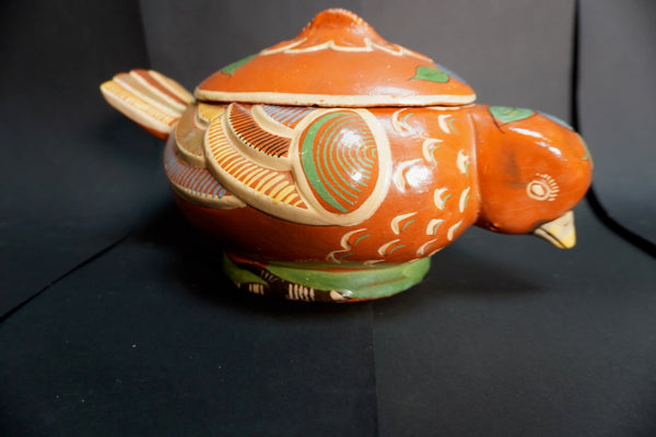 Mexican Tlaquepaque Casserole in Rare Swallow Form Green Shoulder Feather  M3013