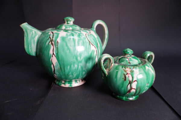 Oaxacan Dripware teapot & Sugar Bowl in Green c 1940 M3027