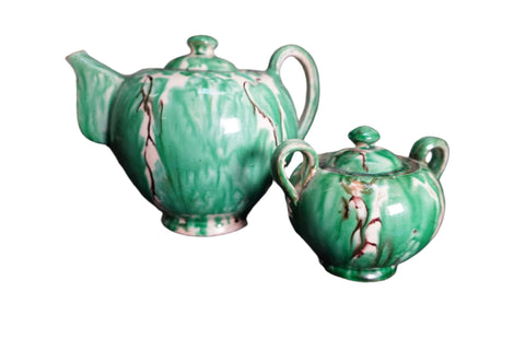 Oaxacan Dripware teapot & Sugar Bowl in Green c 1940 M3027