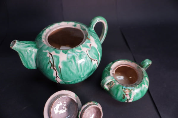 Oaxacan Dripware teapot & Sugar Bowl in Green c 1940 M3027