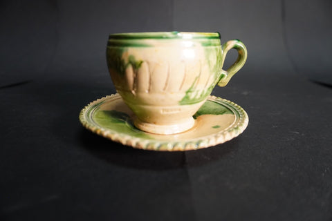 Oaxacan Dripware Cup and Saucer/Plate in Cream and Green  c 1910 M3029