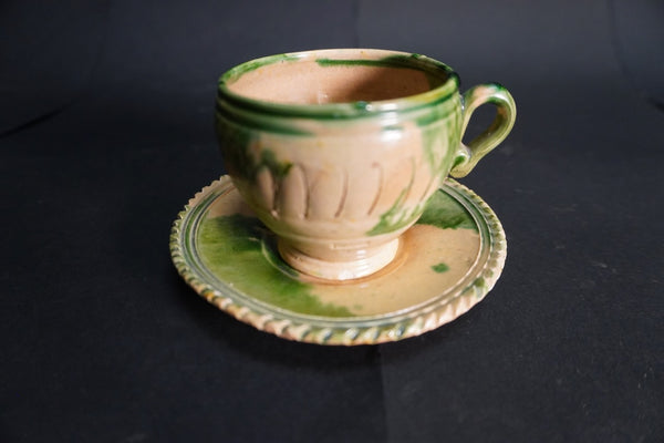 Oaxacan Dripware Cup and Saucer/Plate in Cream and Green  c 1910 M3029