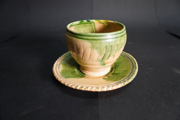 Oaxacan Dripware Cup and Saucer/Plate in Cream and Green  c 1910 M3029