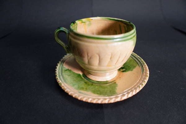 Oaxacan Dripware Cup and Saucer/Plate in Cream and Green  c 1910 M3029