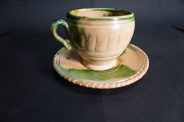 Oaxacan Dripware Cup and Saucer/Plate in Cream and Green  c 1910 M3029