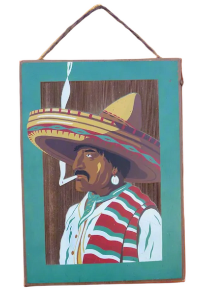 Smoking man in Sombrero, screen-print on Redwood Panel M3038