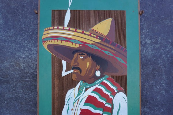 Smoking man in Sombrero, screen-print on Redwood Panel M3038