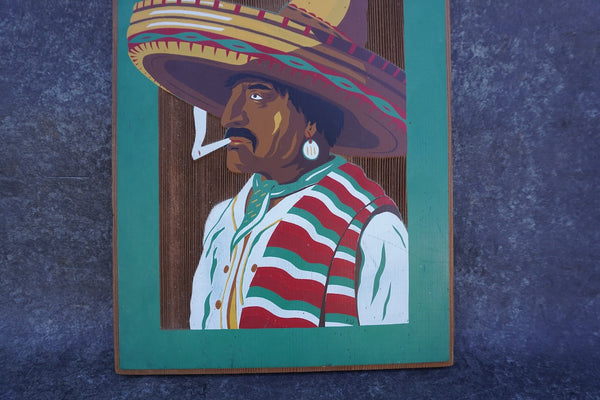 Smoking man in Sombrero, screen-print on Redwood Panel M3038