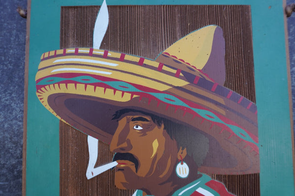 Smoking man in Sombrero, screen-print on Redwood Panel M3038