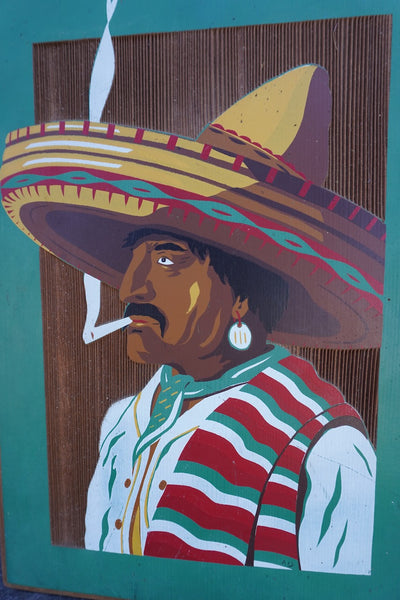 Smoking man in Sombrero, screen-print on Redwood Panel M3038