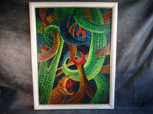 Mexican Abstract Creatures Painting signed BAZA 1960 P3121