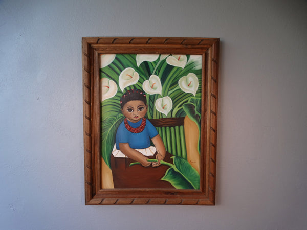 Mexican Artist - Girl with Calla Lilies Holding a Banana Leaf Oil on Board P3137