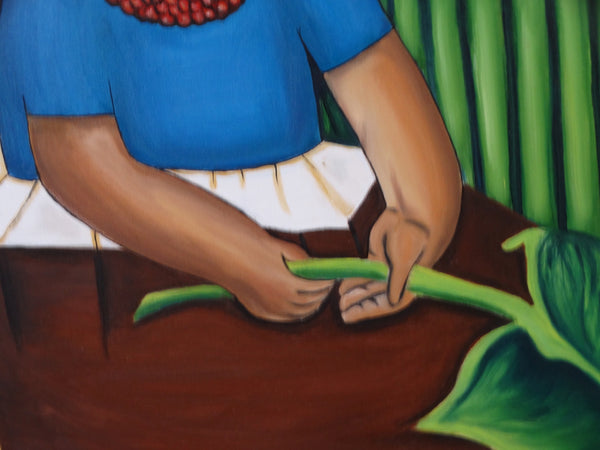 Mexican Artist - Girl with Calla Lilies Holding a Banana Leaf Oil on Board P3137