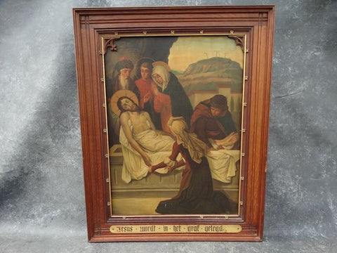 14th Station of the Cross in a Flame Oak Frame c 1910 Oil on Copper P3141