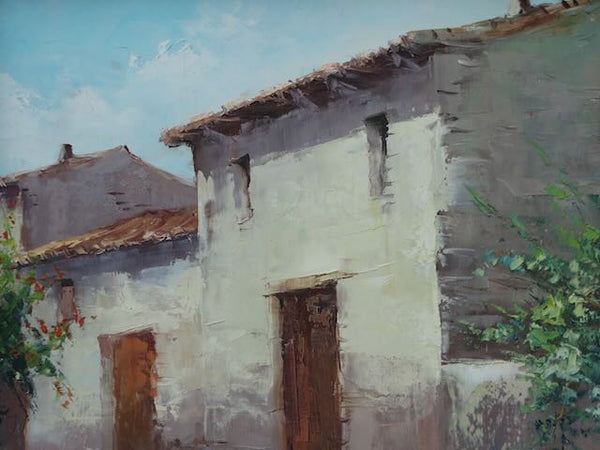 Mexican Village Scene in an Impressionist Style Oil on Canvas late 1950s P3144