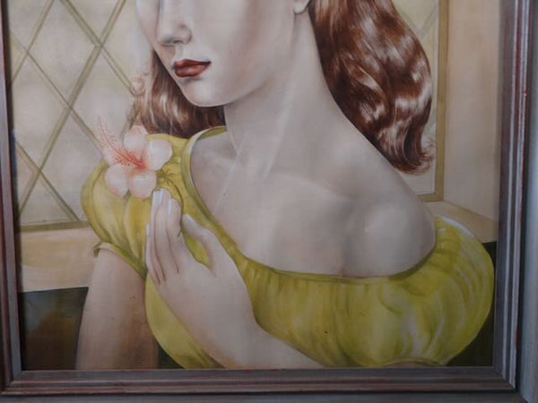 Portrait of a Young Woman Holding Hibiscus Circa 1940 Watercolor on Board P3174