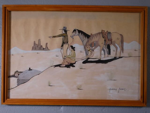 Sammy James American Indian Folk Art - Man and Woman Resting Their Horses on a Bluff P3193