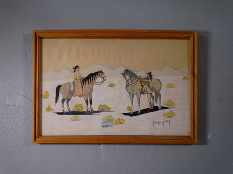 Sammy James - American Indian Folk Art -  Cowboy Mounting His Horse While His Indian Friend Watches P3195