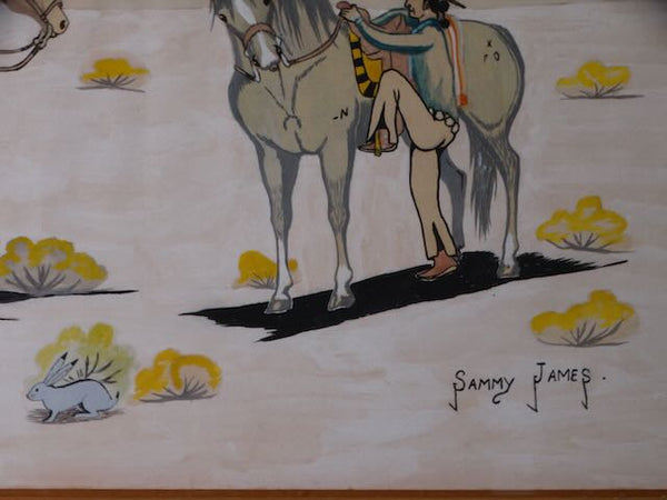 Sammy James - American Indian Folk Art -  Cowboy Mounting His Horse While His Indian Friend Watches P3195