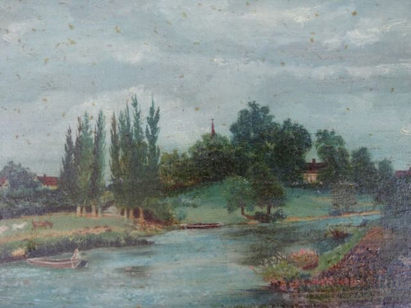 River Bank - American Folk Art Landscape - Oil on Board 19th Century P3204