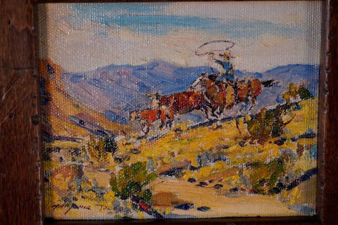 Marjorie Reed - Western Miniature Oil on Canvas - Cowboy Roping Cattle P3237
