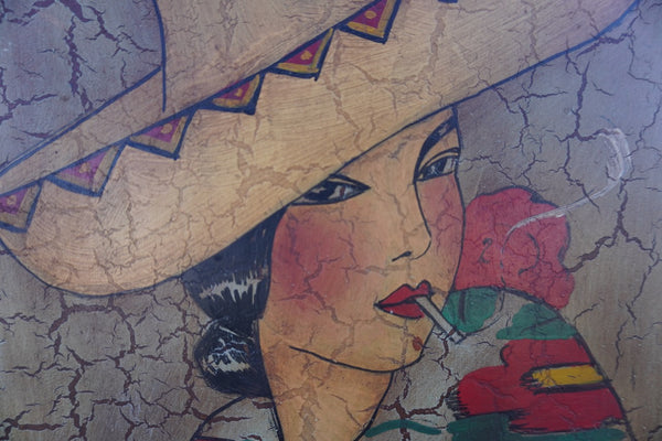 A Ruelle - Woman in a Sombrero Smoking - Painting on Board 1930s P3263