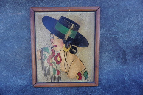 A Ruelle - Woman in a Spanish Hat Smoking - Painting on Board 1930s P3264