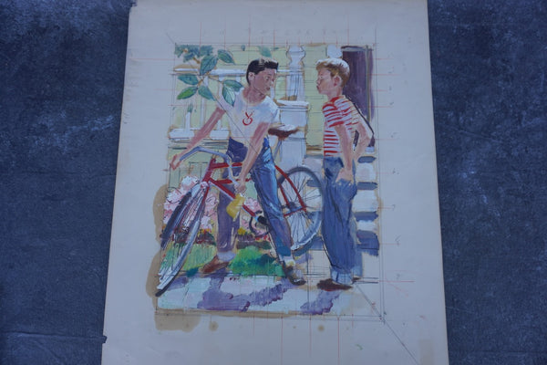 Pruett Carter (1891-1956) - Two Boys and a Bicycle - Original Magazine Illustration Art - Oil on Bristol Paper P3276