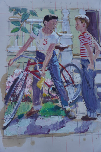Pruett Carter (1891-1956) - Two Boys and a Bicycle - Original Magazine Illustration Art - Oil on Bristol Paper P3276
