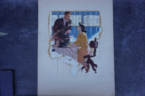 Pruett Carter (1891-1956)- Office Conversation:Man and Woman - Original Magazine Illustration Art -Oil on Bristol Paper P3277