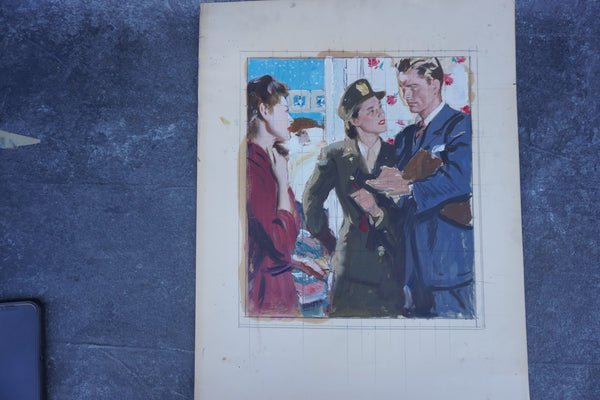 Pruett Carter (1891-1956) - A WAC and Two Civilians: Worrying News - Original Magazine Illustration Art - Oil on Bristol Paper P3278
