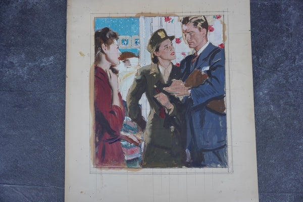 Pruett Carter (1891-1956) - A WAC and Two Civilians: Worrying News - Original Magazine Illustration Art - Oil on Bristol Paper P3278