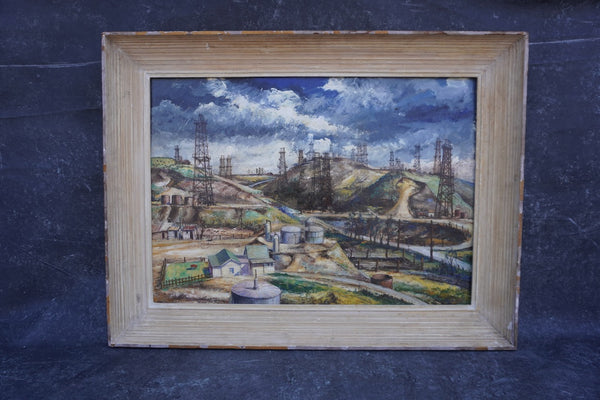 Janós Bernát (1910-1964) - Industrial California Landscape - Los Angeles Oil Wells 1950 Oil on Board P3290