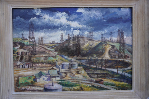 Industrial California Landscape - Los Angeles Oil Wells 1950 Oil on Board P3290