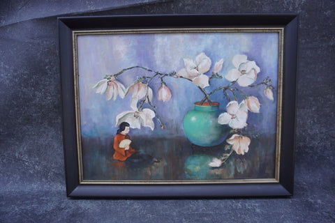 Still Life with Flowering Dogwood Branch in Vase and Chinese Figurine - Oil On Board P3300