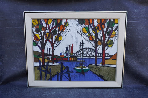 Jean Nerfin - Sailboat, Harbor, Bridge, Autumn Trees Oil on Canvas P3308