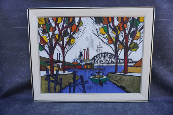 Jean Nerfin - Sailboat, Harbor, Bridge, Autumn Trees Oil on Canvas P3308