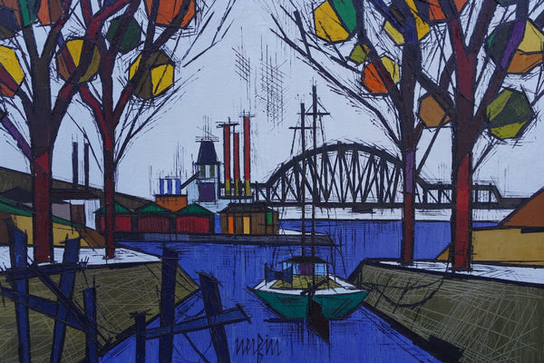 Jean Nerfin - Sailboat, Harbor, Bridge, Autumn Trees Oil on Canvas P3308