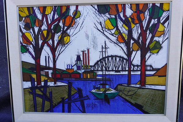 Jean Nerfin - Sailboat, Harbor, Bridge, Autumn Trees Oil on Canvas P3308