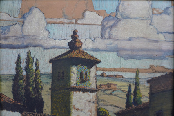 Hernando Villa Mixed Media on Board Landscape with Church c 1927 P3314