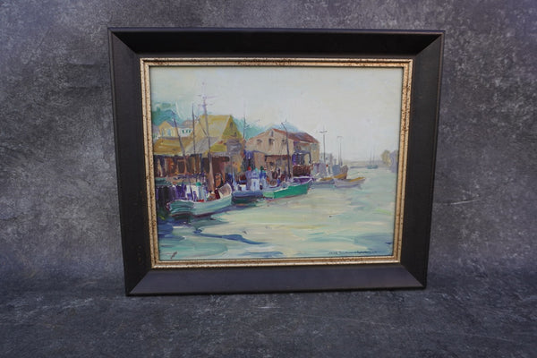 Nell Walker Warner -  Monterey Bay, Cannery Row - RARE oil on Board 1930s-40s P3337