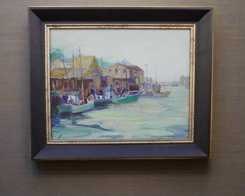 Nell Walker Warner -  Monterey Bay, Cannery Row - RARE oil on Board 1930s-40s P3337