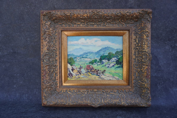 Marjorie Reed - Stagecoach in Hilly Country - labeled Lazy H Ranch Pauma Valley California - Oil on Board P3383