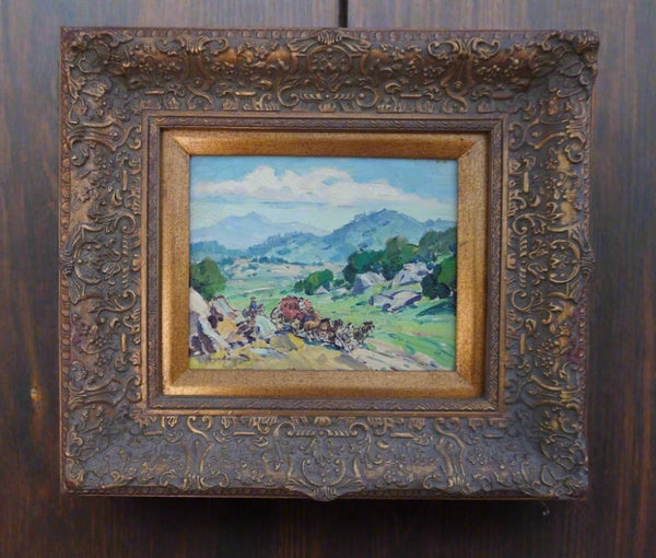 Marjorie Reed - Stagecoach in Hilly Country - labeled Lazy H Ranch Pauma Valley California - Oil on Board P3383