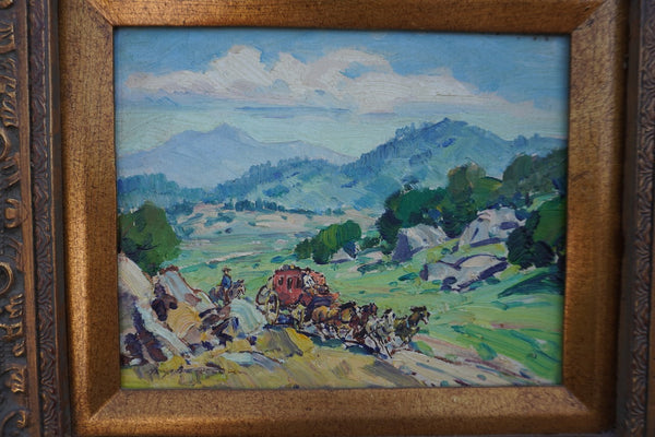 Marjorie Reed - Stagecoach in Hilly Country - labeled Lazy H Ranch Pauma Valley California - Oil on Board P3383