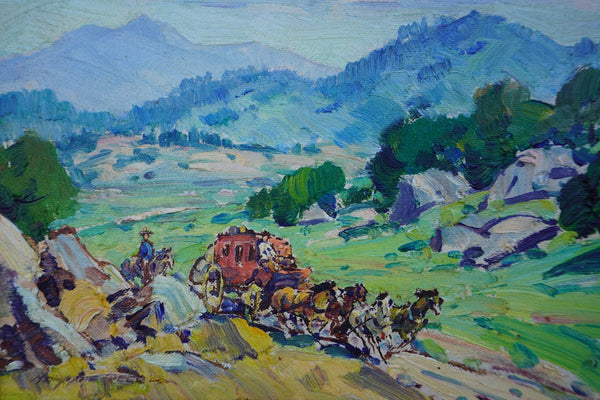Marjorie Reed - Stagecoach in Hilly Country - labeled Lazy H Ranch Pauma Valley California - Oil on Board P3383