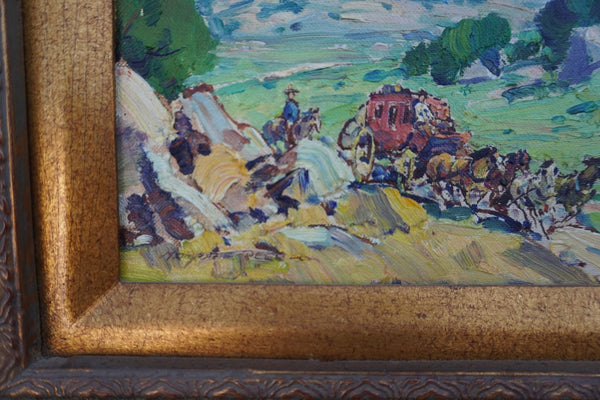 Marjorie Reed - Stagecoach in Hilly Country - labeled Lazy H Ranch Pauma Valley California - Oil on Board P3383