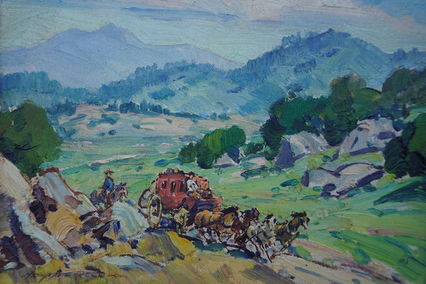 Marjorie Reed - Stagecoach in Hilly Country - labeled Lazy H Ranch Pauma Valley California - Oil on Board P3383