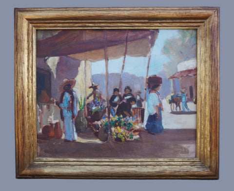 Mexican Marketplace Oil on Board c 1920s P3386