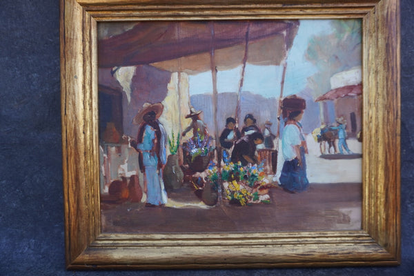 Mexican Marketplace Oil on Board c 1920s P3386